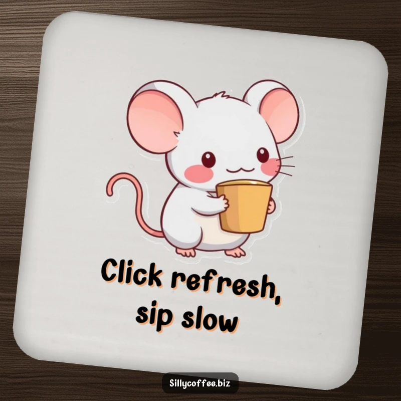 Funny Kawaii computer mouse character with a coffee cup tail on a drink coaster, protecting surfaces with style and humor.