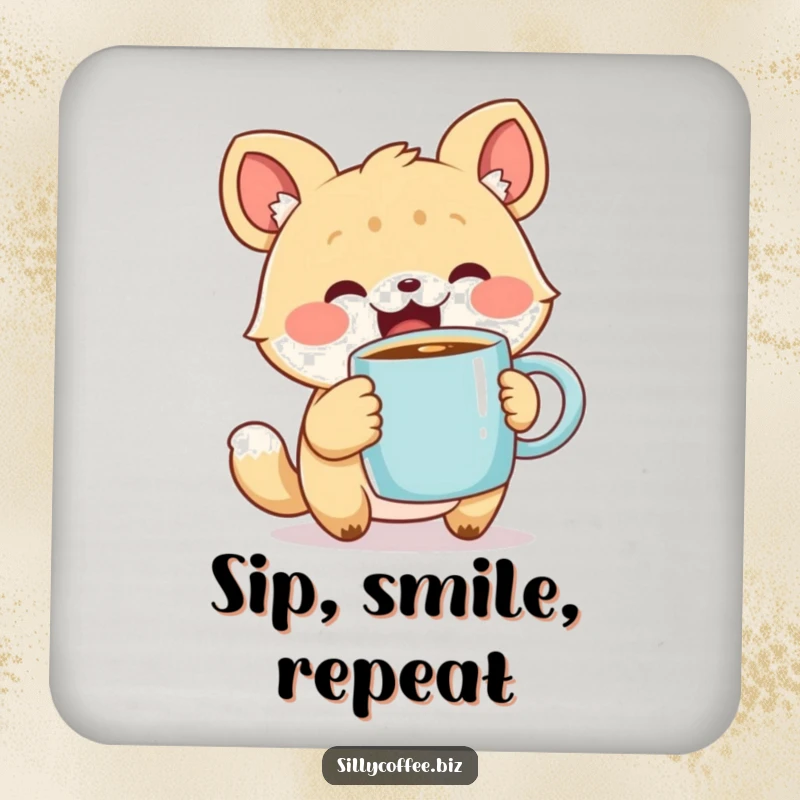 Funny Drink Coaster with a cute animal character holding a steaming coffee mug, providing surface protection with cuteness, a thoughtful gift.