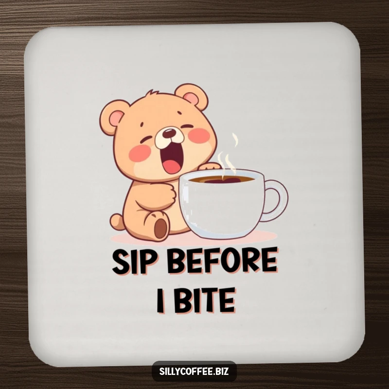Funny coaster featuring a kawaii bear cub yawning widely next to a steaming coffee mug, perfect for table protection.