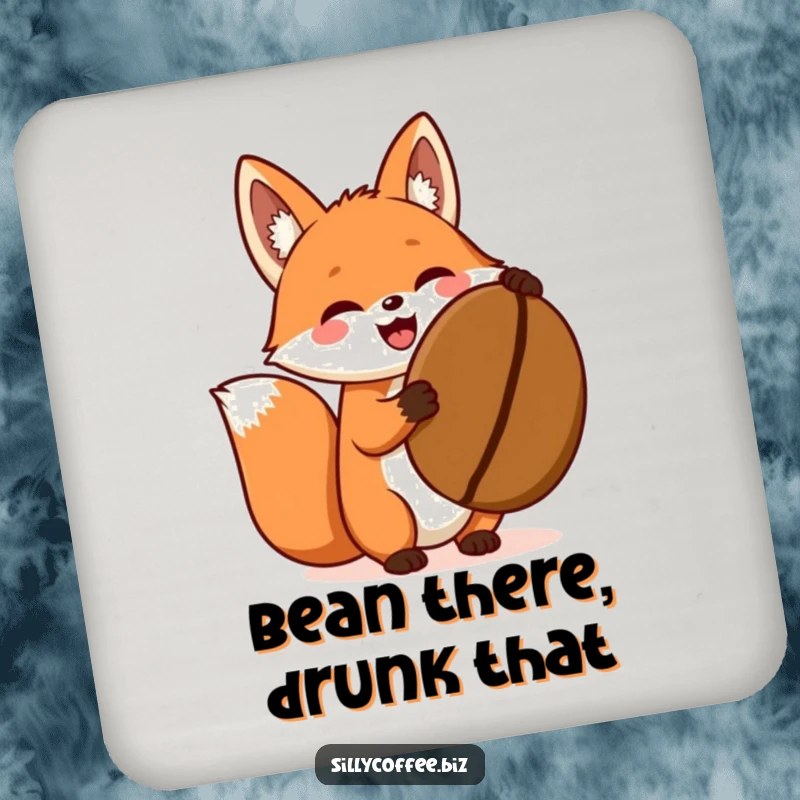 Funny coaster featuring an excited kawaii fox holding a giant coffee bean, perfect for table protection.