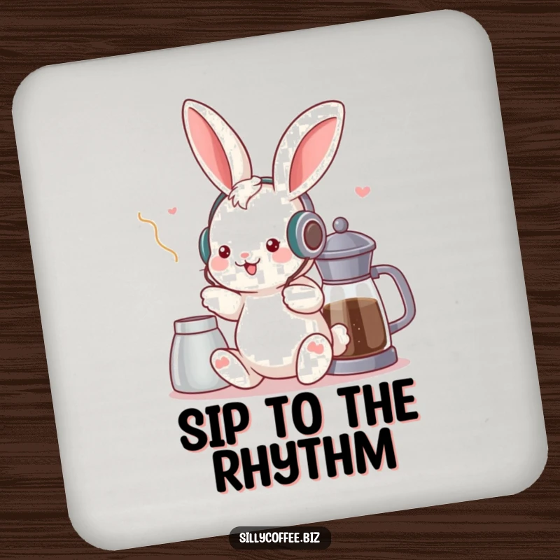 Funny coaster displaying a kawaii bunny with headphones, grooving near a coffee pot, ensuring spill-free enjoyment of beverages.