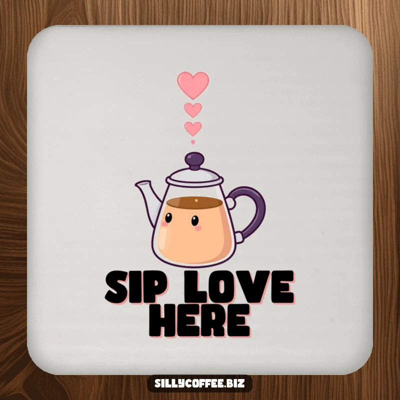 Funny Coaster: A kawaii coffee pot pouring heart-shaped steam, symbolizing love and protecting surfaces.