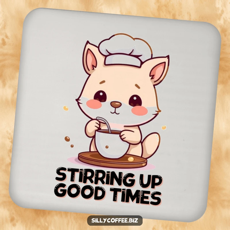 Funny Drink Coasters depicting a small animal chef stirring coffee, adding a humorous touch to any table setting.