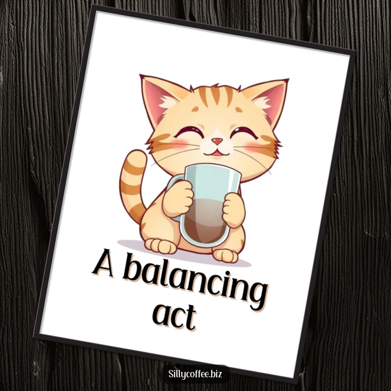 Funny poster of a kawaii cat with a coffee mug balanced precariously on its nose, conveying intense focus and comedic potential.