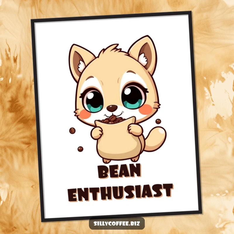 Funny Poster of an animal character with wide, energetic eyes shaking a coffee bean bag, bringing vibrant coffee anticipation and humor, an artistic gift.
