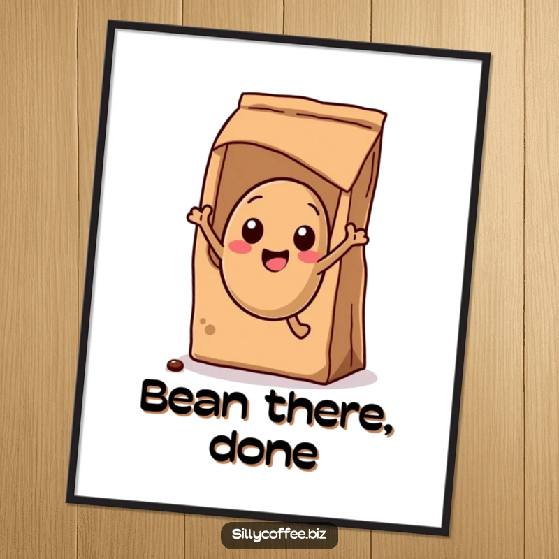 Funny Poster: A kawaii coffee bean character leaping enthusiastically from a coffee bag, full of energy.