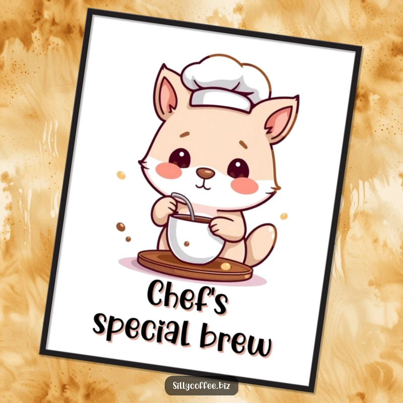 Funny Poster art of a cute animal character in a chef hat, diligently stirring a cup of coffee with a whisk.