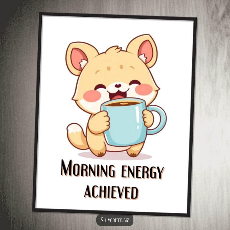 Funny Poster of a cute animal character excitedly holding a steaming coffee mug, bringing cheerful vibes and humor to decor, an artistic gift.