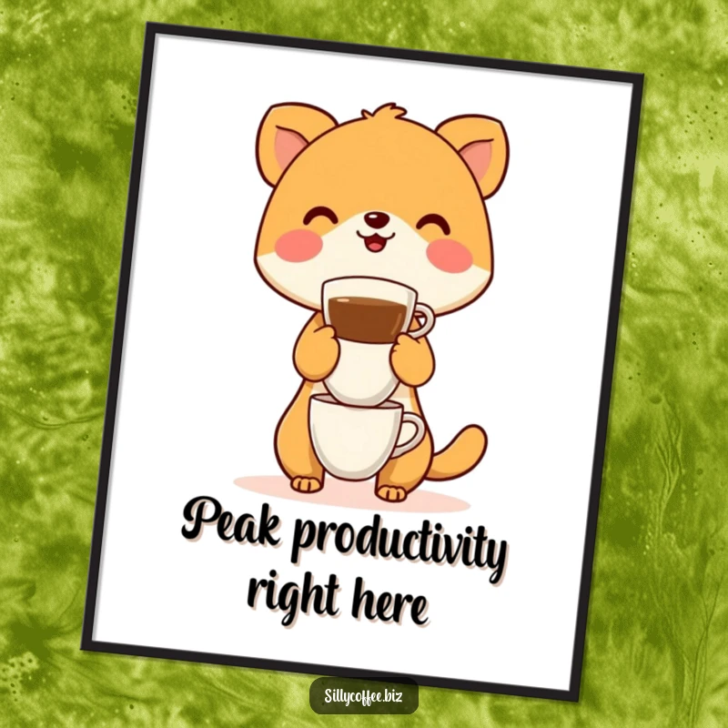 Funny Poster art of a jubilant animal character with an enormous stack of coffee cups, symbolizing morning energy.