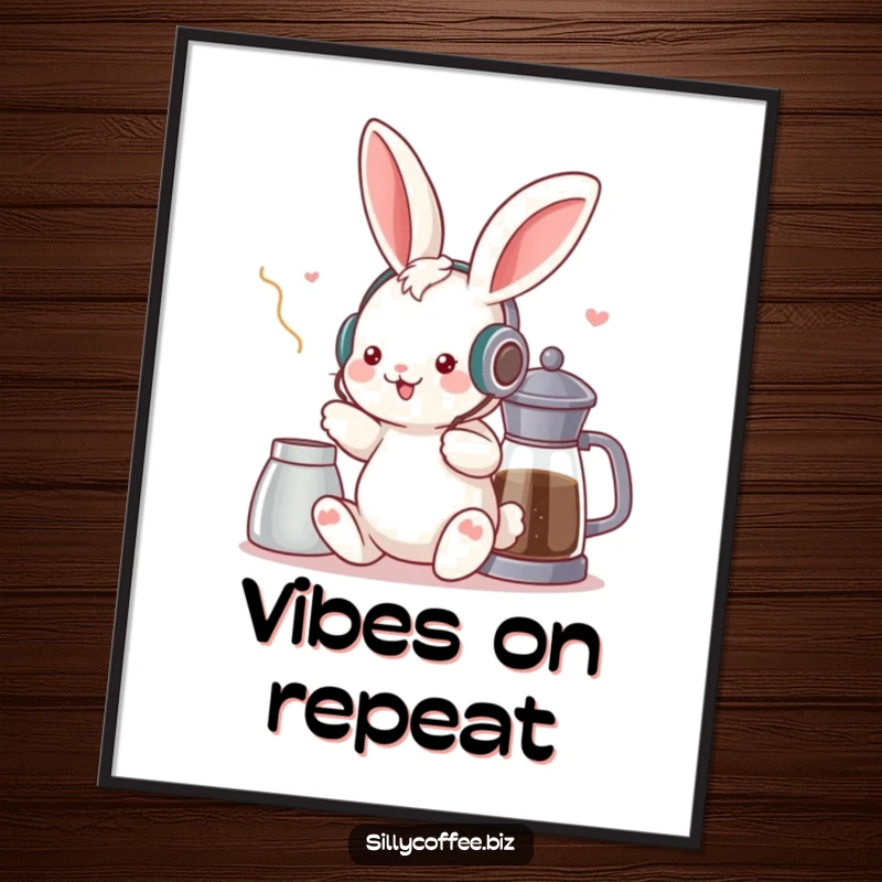Funny poster of a kawaii bunny with headphones, dancing near a coffee pot, radiating positive energy and a love for tunes.