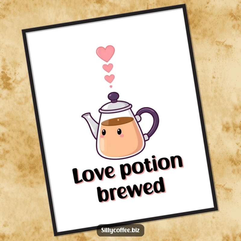 Funny Poster: A kawaii coffee pot character pouring a stream of heart-shaped steam, symbolizing love and warmth.