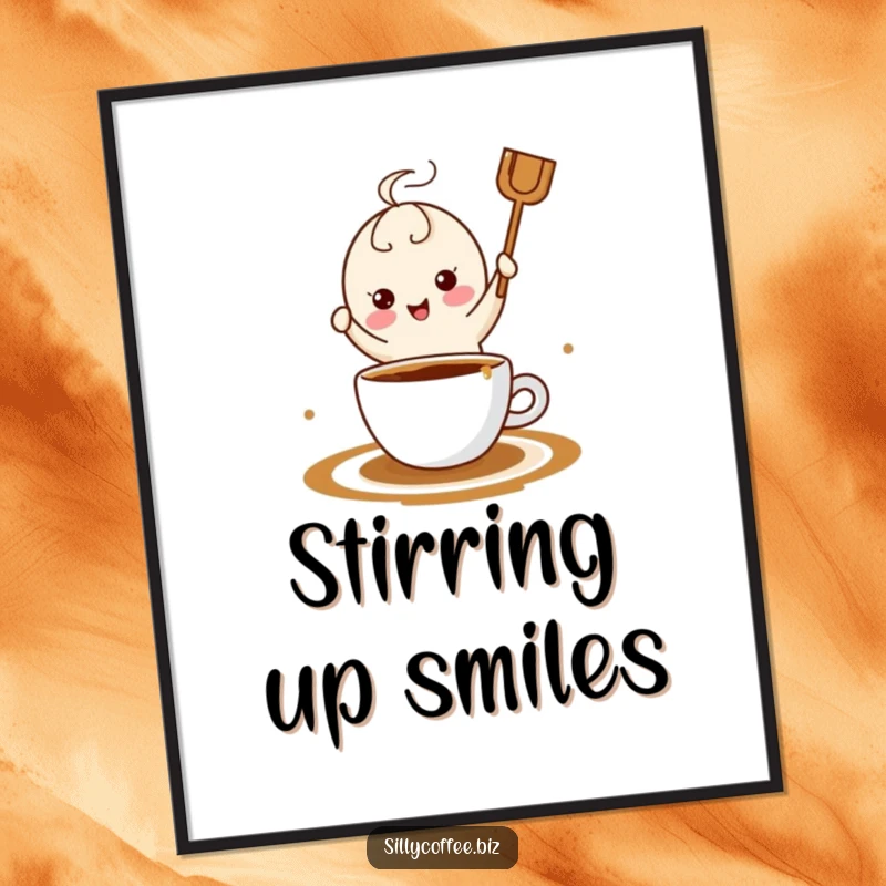 Funny kawaii coffee stirrer gleefully dancing in a coffee puddle, presented as vibrant wall art for coffee enthusiasts.