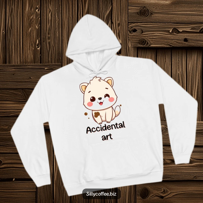 Funny Hoodie showcasing a smiling animal character with a coffee stain on its fur, symbolizing a love for coffee.