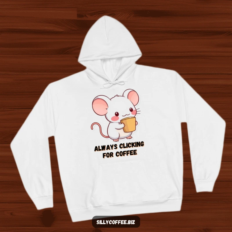 Funny Kawaii computer mouse character with a coffee cup tail design on a cozy hoodie, radiating warmth and humor.