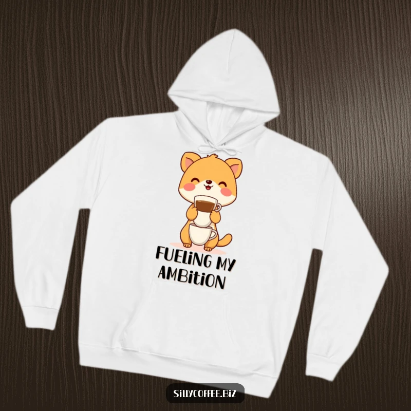 Funny Hoodie showcasing a cheerful animal character with a large stack of coffee cups, symbolizing caffeine ambition.
