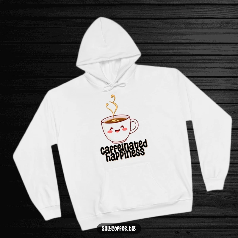 Funny Hoodie: A super cute kawaii coffee cup character with a wide smile, steaming with warmth and happiness.