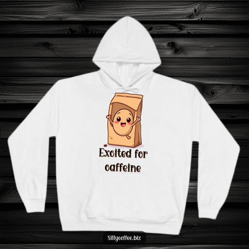 Funny Hoodie: A kawaii coffee bean character mid-jump from a coffee bag, radiating pure excitement and energy.