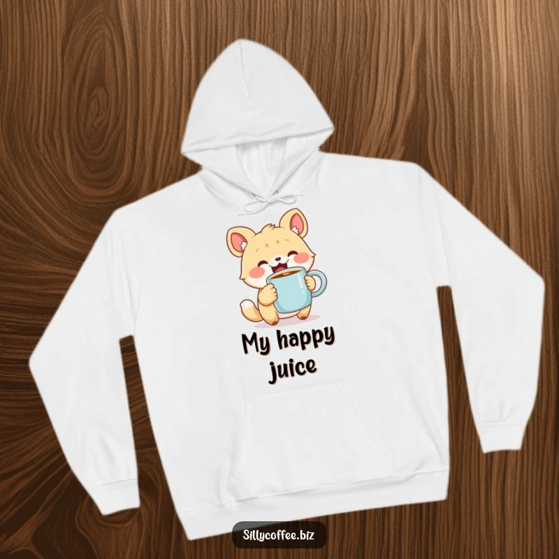 Funny Hoodie with a cute animal character excitedly holding a steaming coffee mug, offering warmth and adorable coffee-fueled cheer, a cozy gift.
