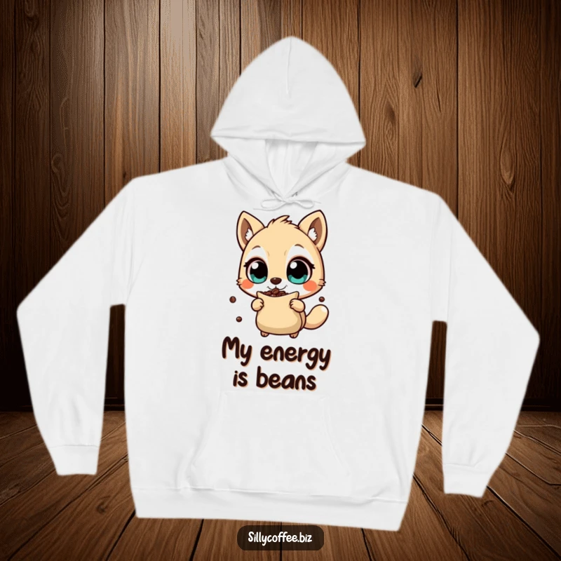 Funny Hoodie with an animal character having wide, energetic eyes shaking a coffee bean bag, providing warmth and a humorous coffee kick, a cozy gift.