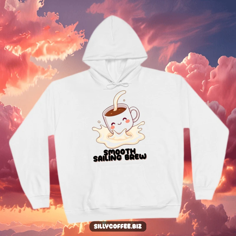 Funny Hoodie: A kawaii coffee mug with a pleased expression, enjoying a thrilling slide down a splash of milk.