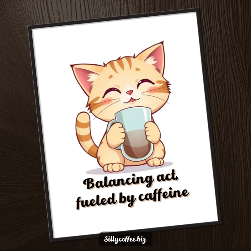 Funny Free Printable Wall Art: Kawaii cat intensely focuses on balancing a coffee mug right on its nose.