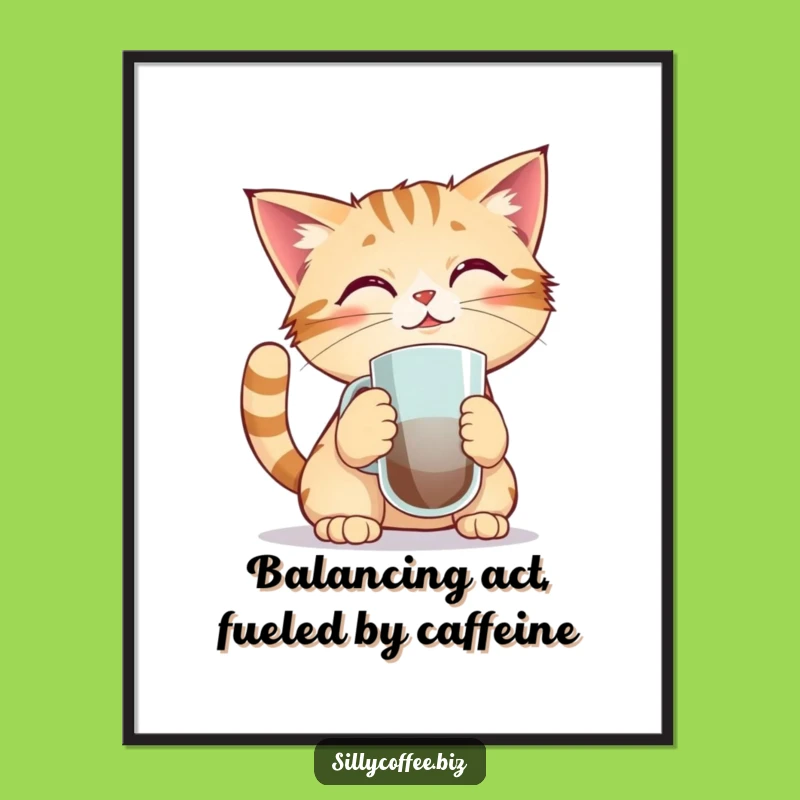 Funny Free Printable Wall Art: Cat's Coffee Balance Act, Quirky Downloadable Decor for Cat Lovers