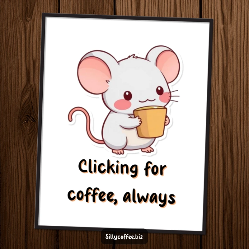 Funny Free Printable Wall Art: A smiling kawaii computer mouse character with a coffee cup for its tail, looking energetic and cute.