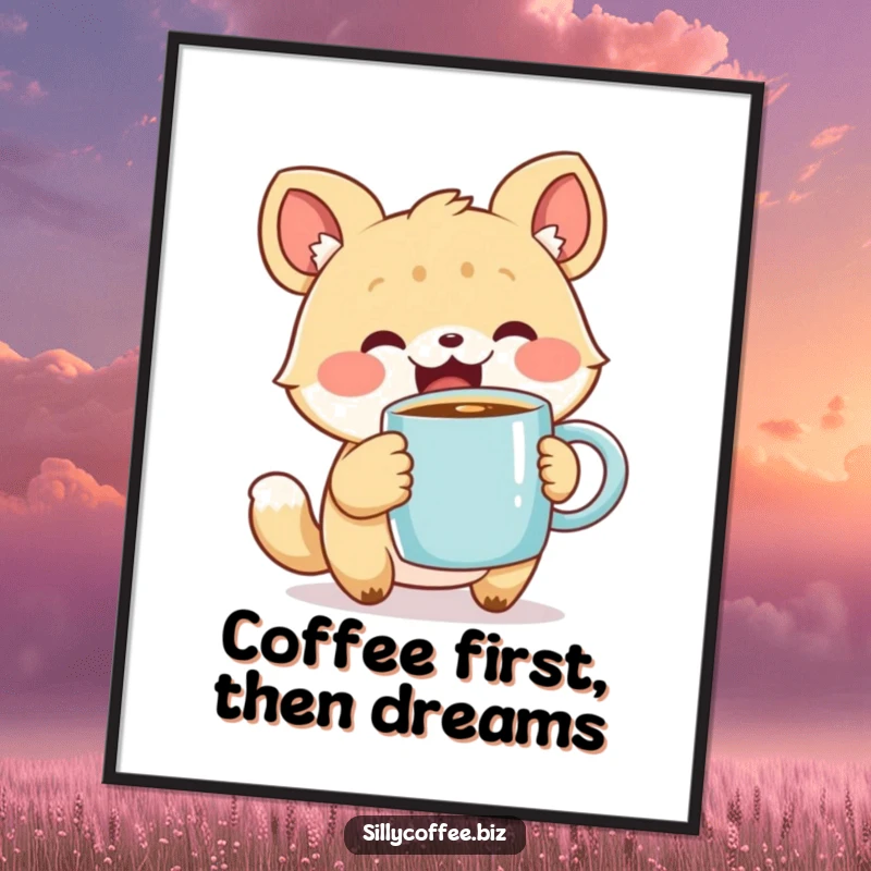 Funny Free Printable Wall Art of a cute animal character excitedly clutching a steaming coffee mug, radiating warmth and caffeine joy.