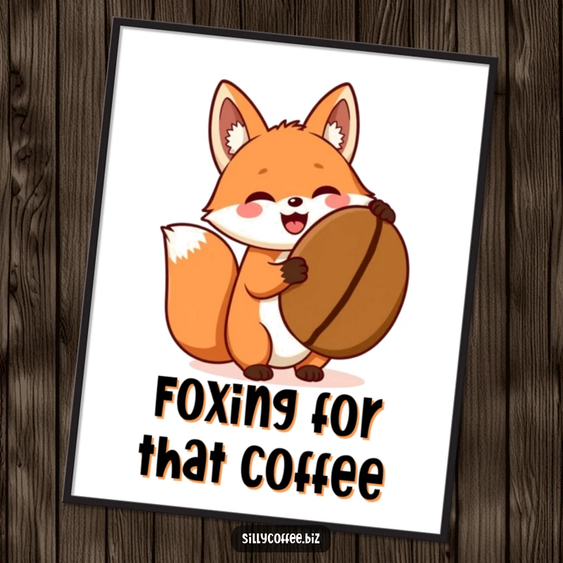 Funny Free Printable Wall Art of an excited kawaii fox energetically holding up a comically giant coffee bean, celebrating the love of coffee.