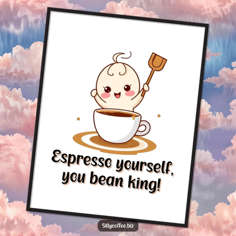 Funny Free Printable Wall Art: A kawaii coffee stirrer energetically dances in a coffee pool, bringing quirky vibes.