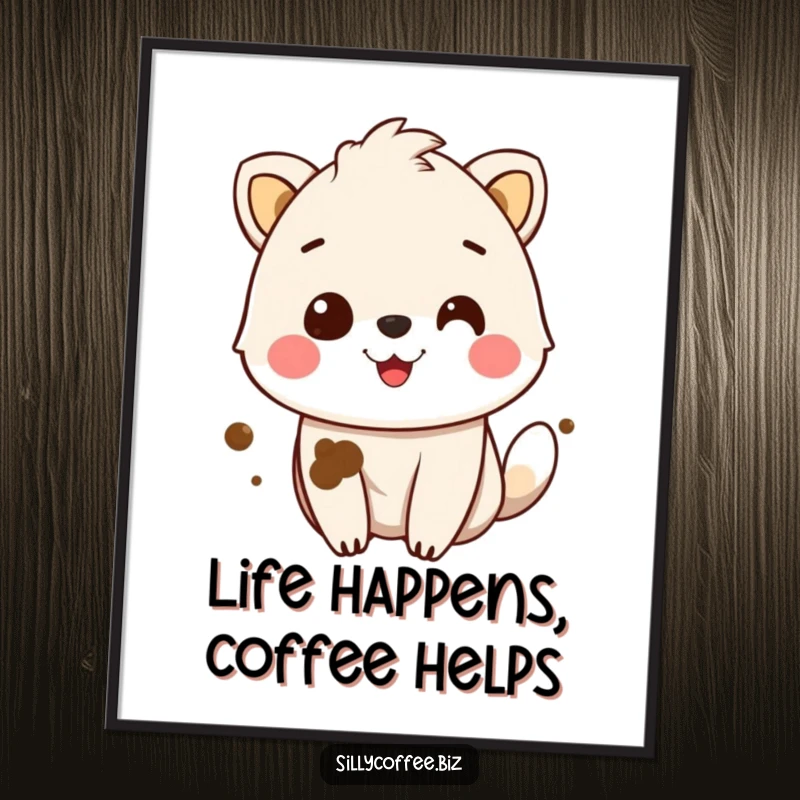 Funny free printable wall art: A cheerful animal with a noticeable coffee stain on its fur, smiling broadly, perfect for kitchens.