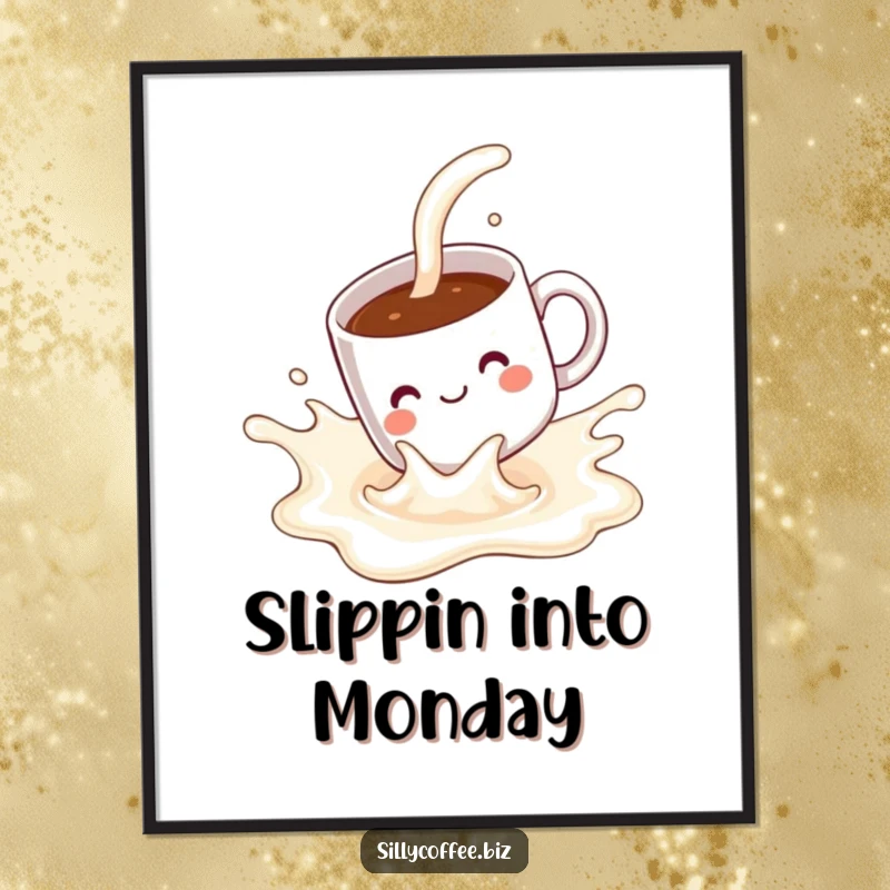 Funny Free Printable Wall Art: A pleased kawaii coffee mug joyfully sliding down a milk splash, humorous decor.