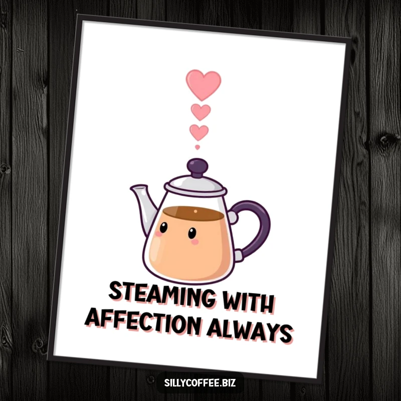 Funny Free Printable Wall Art: Kawaii coffee pot pouring a stream of heart-shaped steam, humorous downloadable decor.