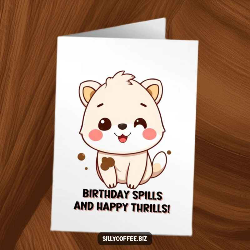 Funny free printable birthday card: A happy animal beaming with a prominent coffee stain on its fur, embracing imperfection.