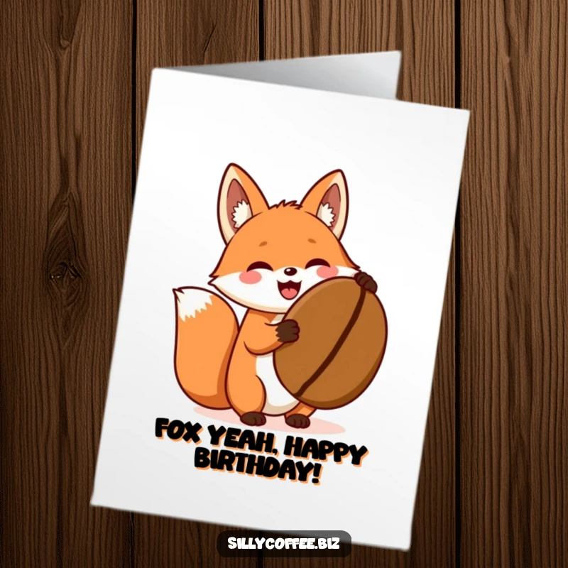 Funny Free Printable Birthday Card featuring an excited kawaii fox holding a giant coffee bean, ready to celebrate with caffeine.