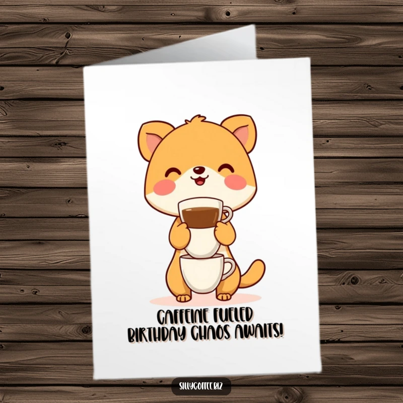 Funny free printable birthday card: A joyful animal teetering with a huge tower of coffee cups, ready for a laugh.