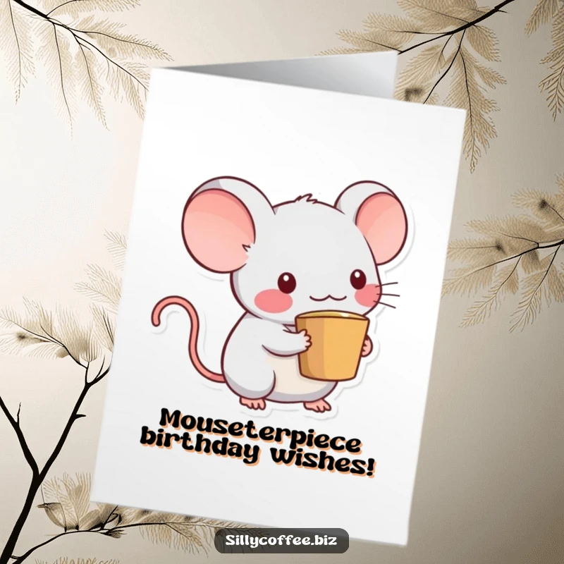 Funny Free Printable Birthday Card: Kawaii computer mouse with coffee cup tail, excitedly holding a party hat, ready to celebrate.