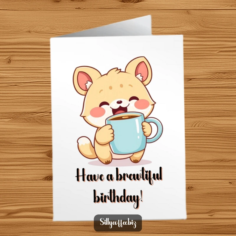Funny Free Printable Birthday Card showing a cute animal character enthusiastically holding a steaming coffee mug, ready for celebration.