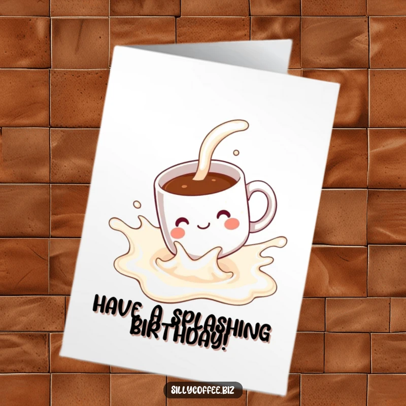 Funny Free Printable Birthday Card: Kawaii coffee mug gleefully sliding down a milk splash, a humorous downloadable greeting.