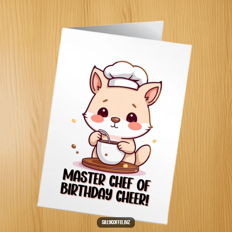Funny free printable birthday card: A cute animal in a chef hat, playfully stirring a cup of coffee with a big grin.