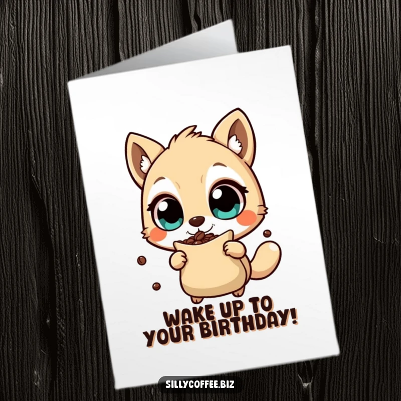 Funny Free Printable Birthday Card showing an animal character wide-eyed and energetic, shaking a bag of coffee beans for a big day.
