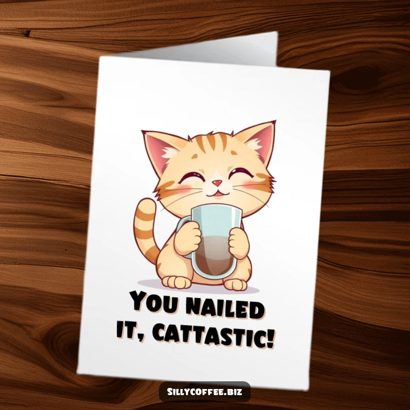 Funny Free Printable Congrats Card: Kawaii cat trying to balance a coffee mug on its nose, a comical scene.