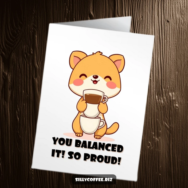 Funny free printable congratulations card: An ecstatic animal precariously balancing a stack of coffee cups, celebrating success.