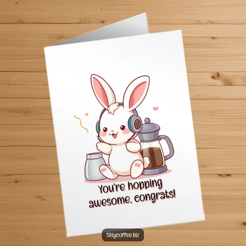Funny Free Printable Congrats Card: Kawaii bunny with headphones vibing to music, perfect for celebrating any success.
