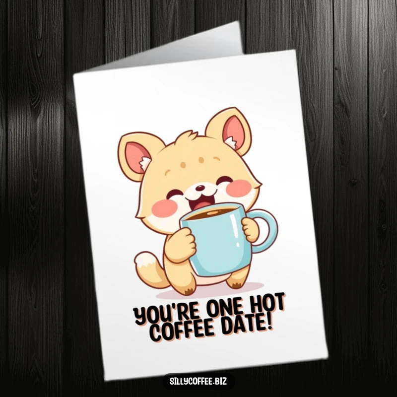 Funny Free Printable Congratulations Card featuring a cute animal character excited about a steaming coffee mug, celebrating their success.