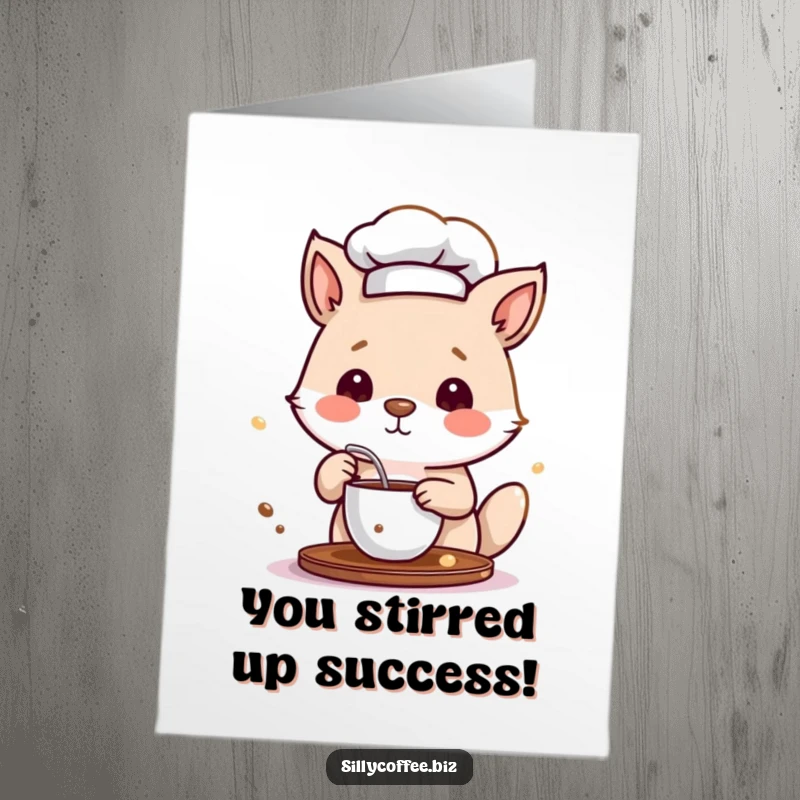 Funny free printable congratulations card: A tiny chef animal adorably stirring a cup of coffee, celebrating new beginnings.