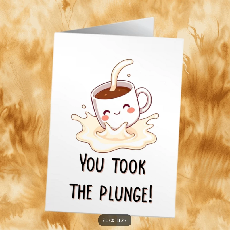 Funny Free Printable Congratulations Card: A pleased kawaii coffee mug sliding down a milk splash, humorous downloadable art.