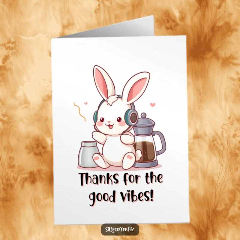 Funny Free Printable Thank You Card: Kawaii bunny rocking headphones near coffee, a truly musical thank you.