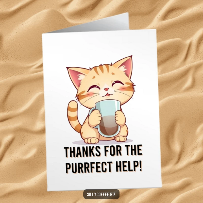 Funny Free Printable Thank You Card: Kawaii cat concentrating hard to balance a coffee mug on its nose.
