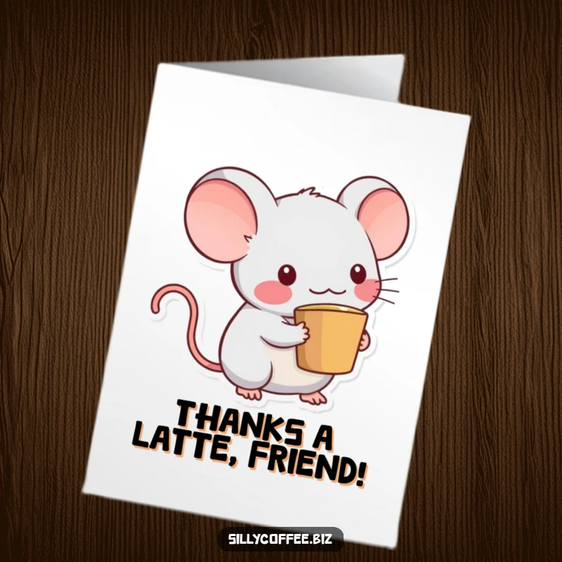 Funny Free Printable Thank You Card: Kawaii computer mouse with a coffee cup tail, holding a small gift, expressing sincere gratitude.